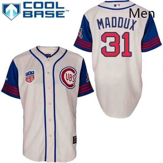 Mens Majestic Chicago Cubs 31 Greg Maddux Authentic CreamBlue 1942 Turn Back The Clock MLB Jersey